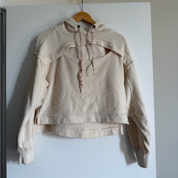 Anthropologie Pilcro Ivory Ribbed Cut Out Hoodie Top size XS EUC - Picture 4 of 8